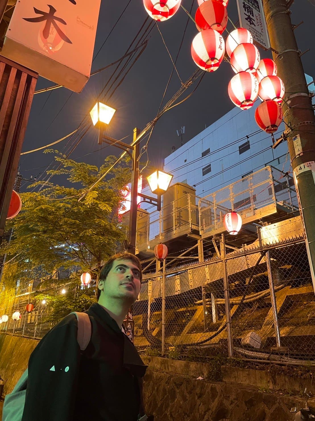 Nicolas on a lantern-lit street in Japan at night
